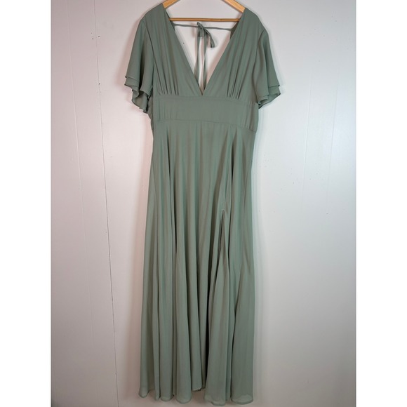 Lulus Dresses & Skirts - Lulus Maxi Dress 2X Sage Green Flutter Sleeve Deep V-Neck High Slit Bridesmaid
